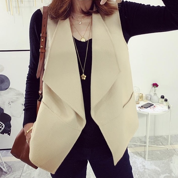 Camel Beige Wool Blend Sleeveless Draped Vest - Picture 6 of 7